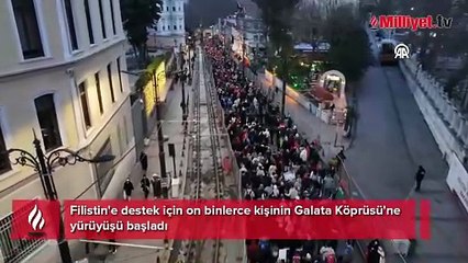 Türkiye, Filistin için ayakta! Galata Köprüsü'nde düzenlenen yürüyüş için yoğun katılım