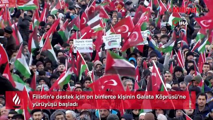 Türkiye, Filistin için ayakta! Galata Köprüsü'nde düzenlenen yürüyüş için yoğun katılım