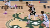 Giannis charges down the lane for trademark dunk
