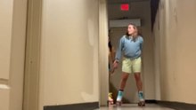 Girl rollerblades with her sisters in a hallway and takes a hilarious fall