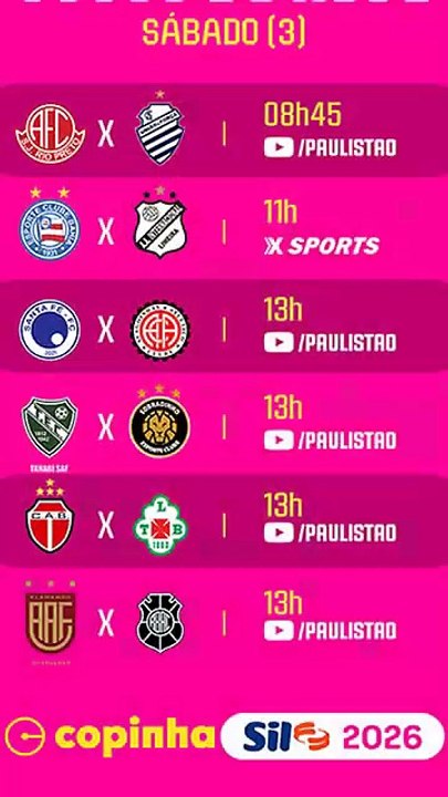 Os jogos deste sábado (3) da Copa São Paulo e onde assistir ao vivo