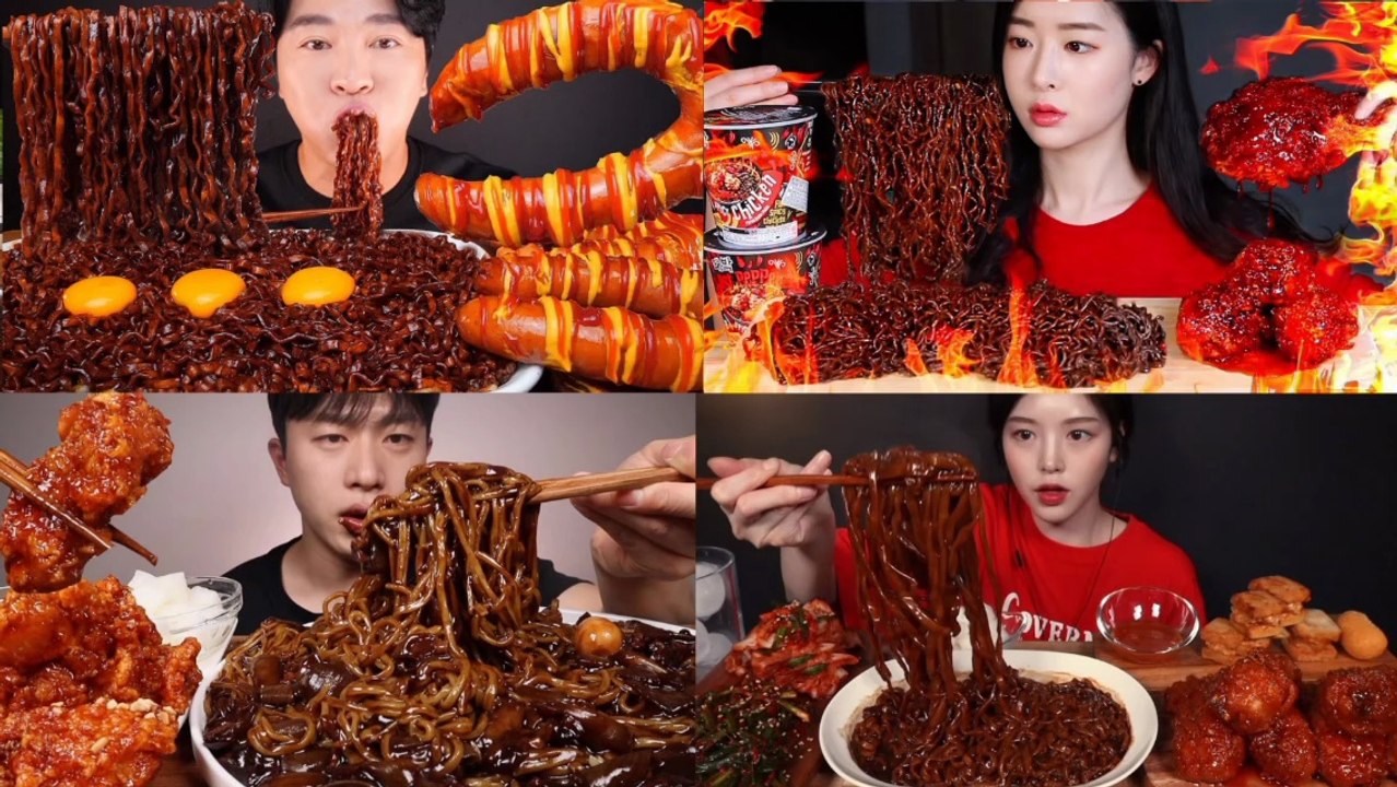 ASMR MUKABNG | BLACK BEAN NOODLES & KFC FRIED CHICKEN | ASMR EATING COMPILATION