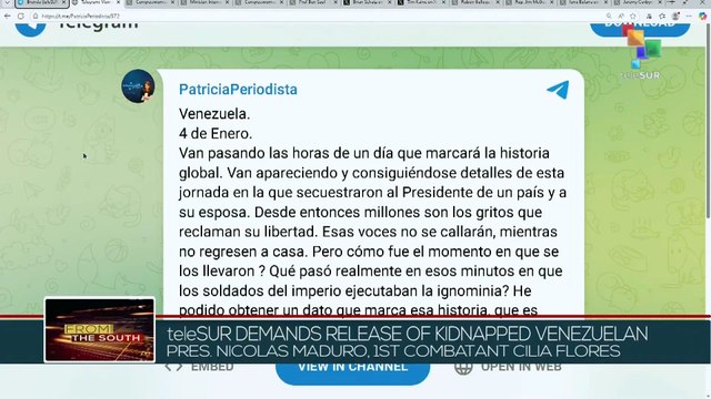 teleSUR demands release of kidnapped Venezuelan Pres. Nicolas Maduro, 1st Combatant Cilia Flores