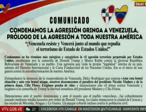 Movimientos de República Dominicana condenan ataques terroristas de EE. UU. contra Venezuela