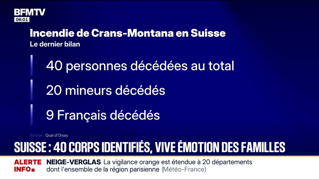 Incendie à Crans-Montana: 40 personnes sont décédées, dont 9 Français, selon le dernier bilan