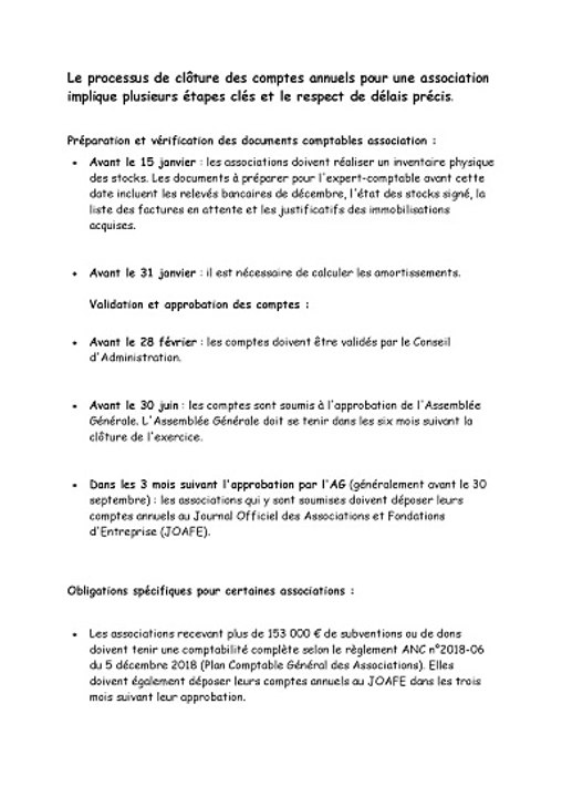 Le processus de clôture des comptes annuels pour une association implique plusieurs étapes clés et le respect de délais précis