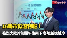 16縣市低溫特報！ 強烈大陸冷氣團午後南下 各地越晚越冷