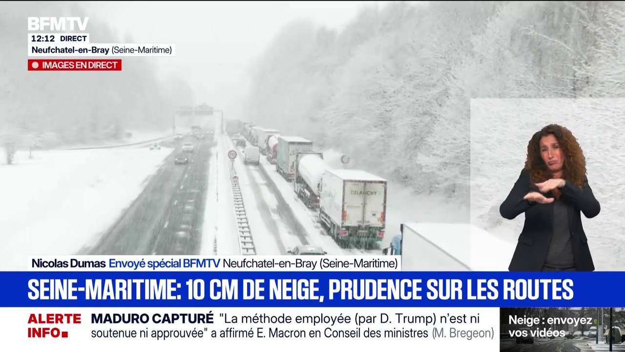 Neige: la circulation difficile sur l'autoroute A28 au niveau de Neufchâtel-en-Bray (Seine-Maritime)