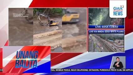 Backhoe, muntikan nang tangayin ng rumaragasang baha sa ilog | Unang Balita