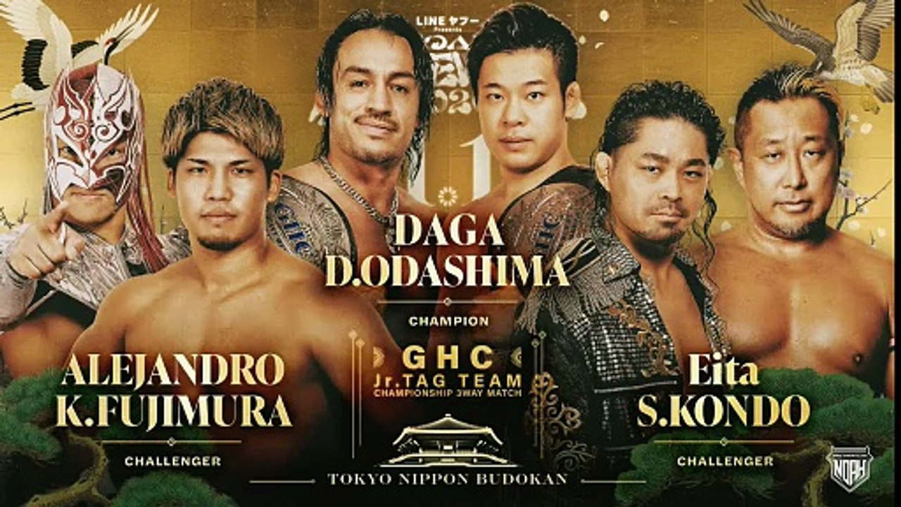 NOAH The New Year 2026 GHC Jr Heavyweight Tag Team Championship Three Way Match Los Intocables (Daga & Daiki Odashima) vs. Eita & Shuji Kondo vs. All Rebellion (Alejandro & Kai Fujimura)