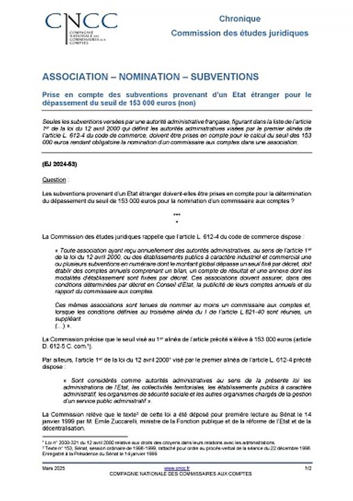 Prise en compte des subventions provenant d’un Etat étranger pour le dépassement du seuil de 153 000 euros (non)