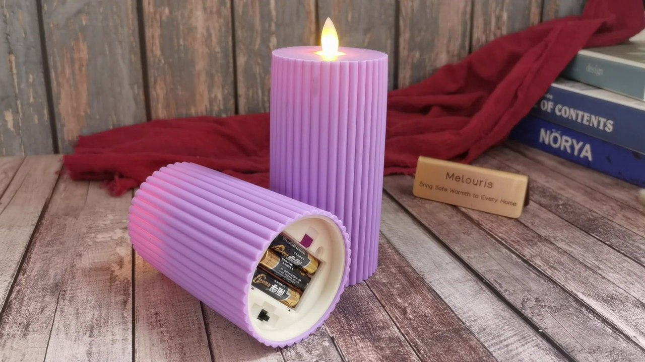 Lavender Ribbed LED Electronic Candle with Swinging Flame Effect