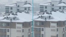 Elazığ’da 10 katlı binada tehlikeli kar temizliği