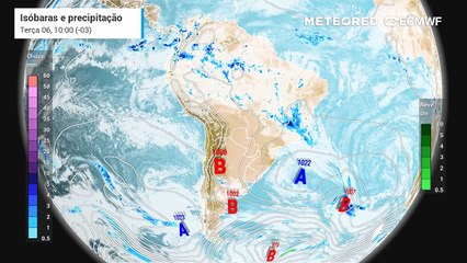 Terça-feira, 6 de janeiro: Previsão de precipitação, nebulosidade e pressão a nível médio do mar entre a terça (6) e quinta-feira (8).