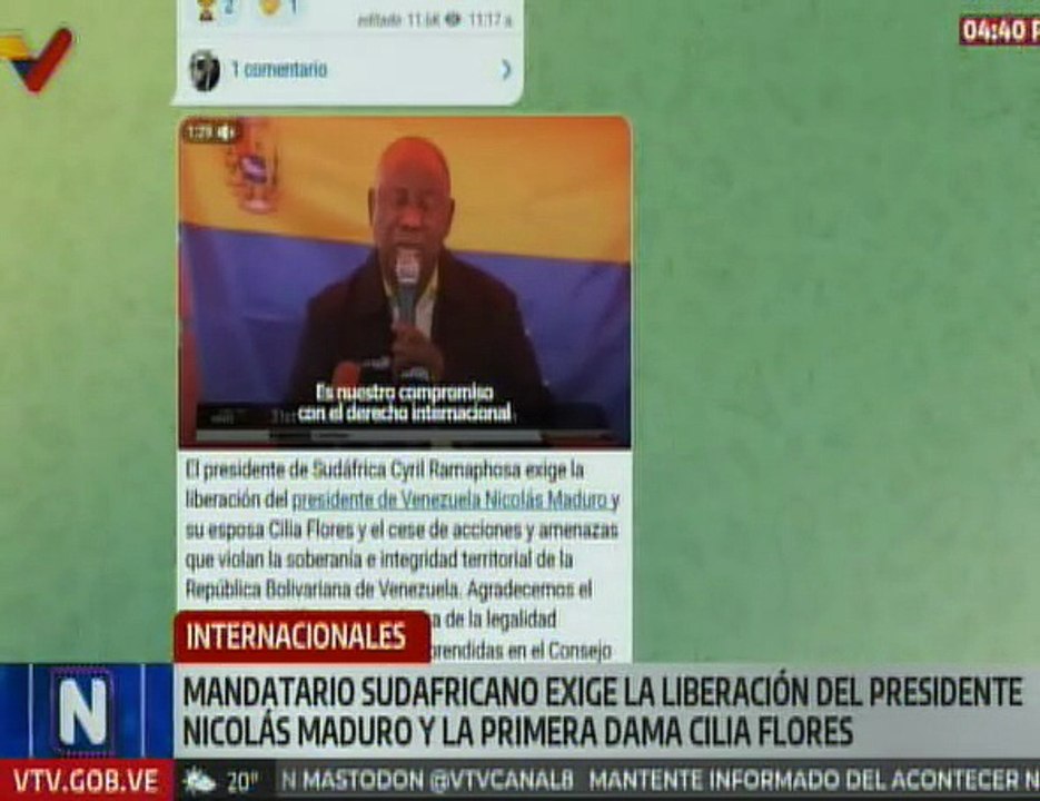 Mandatario de Sudáfrica exige la liberación del Presidente Nicolás Maduro y Cilia Flores