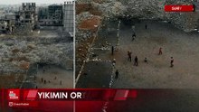 Şamda yıkılan mahallelerin enkazında çocuklar futbol oynuyor