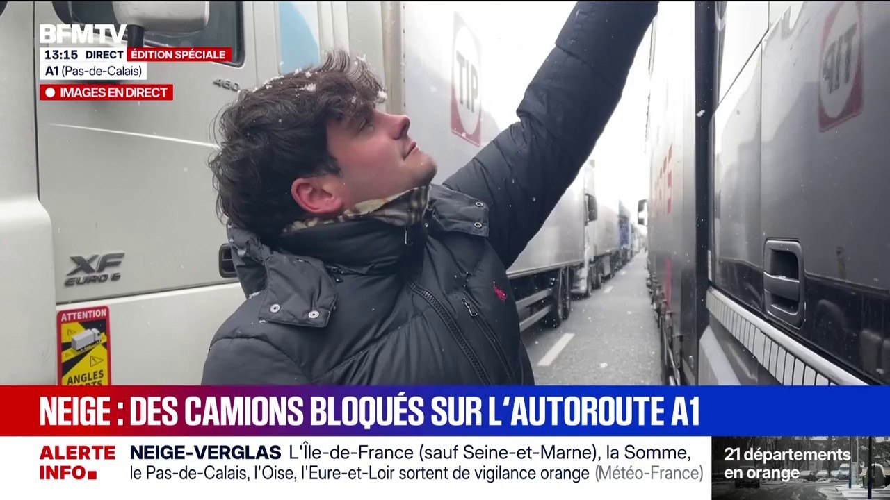 Neige-verglas: sur l'A1 dans le Pas-de-Calais, des camions bloqués sur l'autoroute