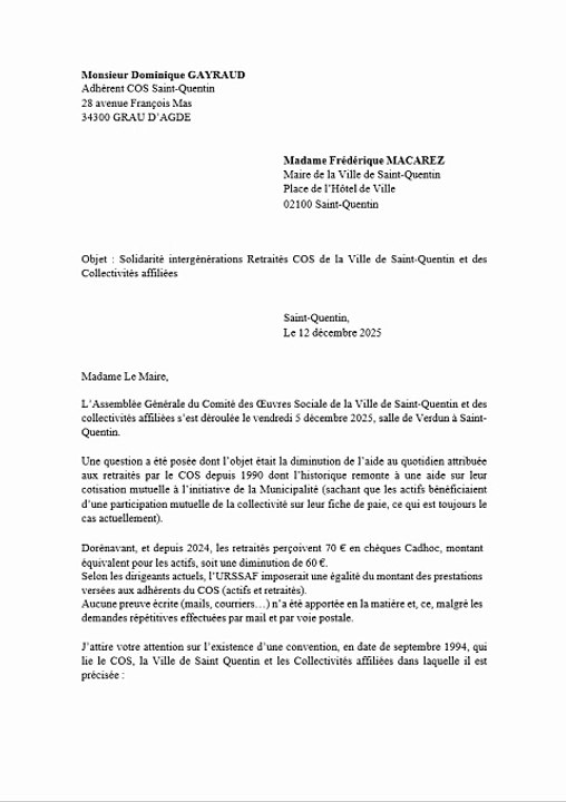 LETTRE MME le MAIRE AG COS Saint Quentin SOLIDARITE INTERGENERATIONS DEC 2025
