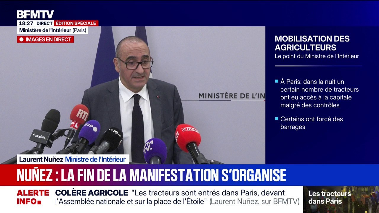 Colère agricole: "11 interpellations en dehors de la capitale et 65 verbalisations" ont été recensées, affirme Laurent Nuñez, ministre de l'Intérieur