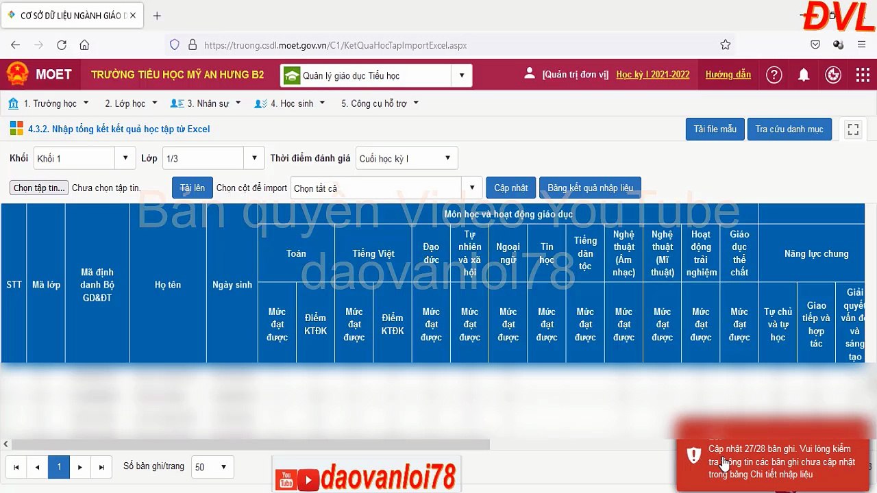 Cách tải file đánh giá kết quả học tập của học sinh trên cơ sờ dữ liệu ngành và xử lí lỗi phát sinh