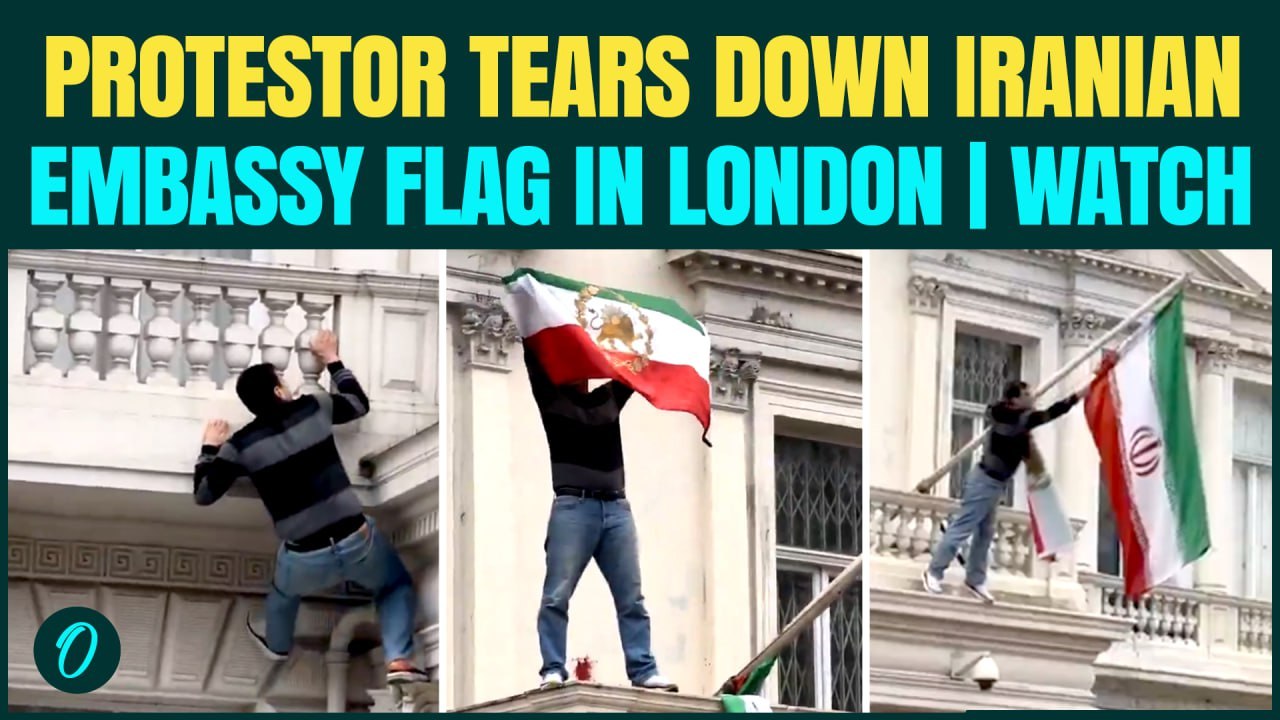 Iran Protest Breaking: UK Protester Tears Down Iranian Flag Outside Iranian Embassy in London |VIDEO