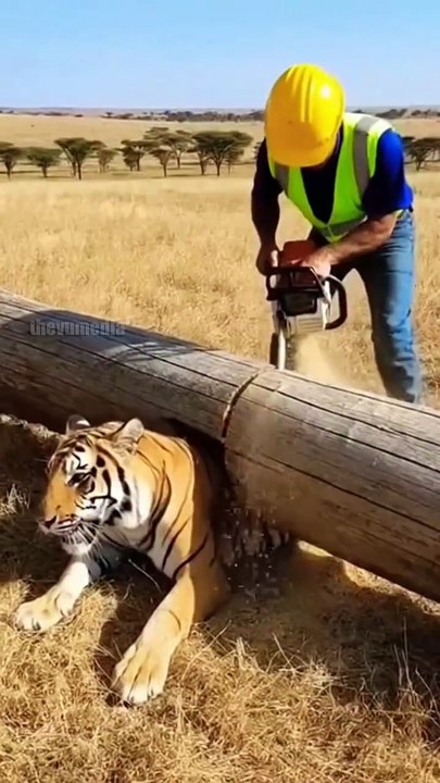 Brave Construction Worker Saves Bengal Tiger Trapped Under Log!   عامل بناء شجاع ينقذ نمراً بنغالياً محاصراً تحت جذع شجرة!