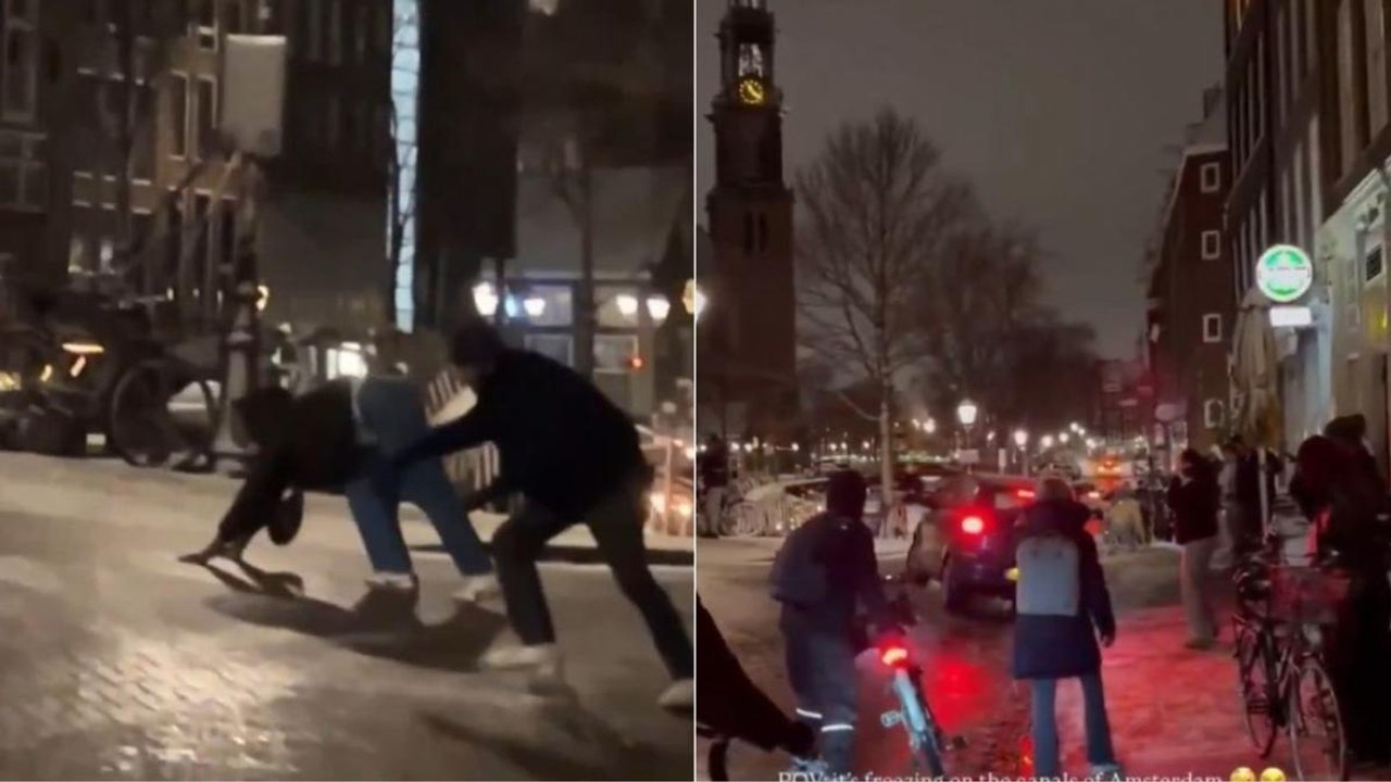 Il rigido inverno trasforma Amsterdam in una gigantesca pista sul ghiaccio: pedoni e auto in scivolata
