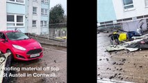 Storm Goretti rips roofing material off top of tower block in St Austell in Cornwall.