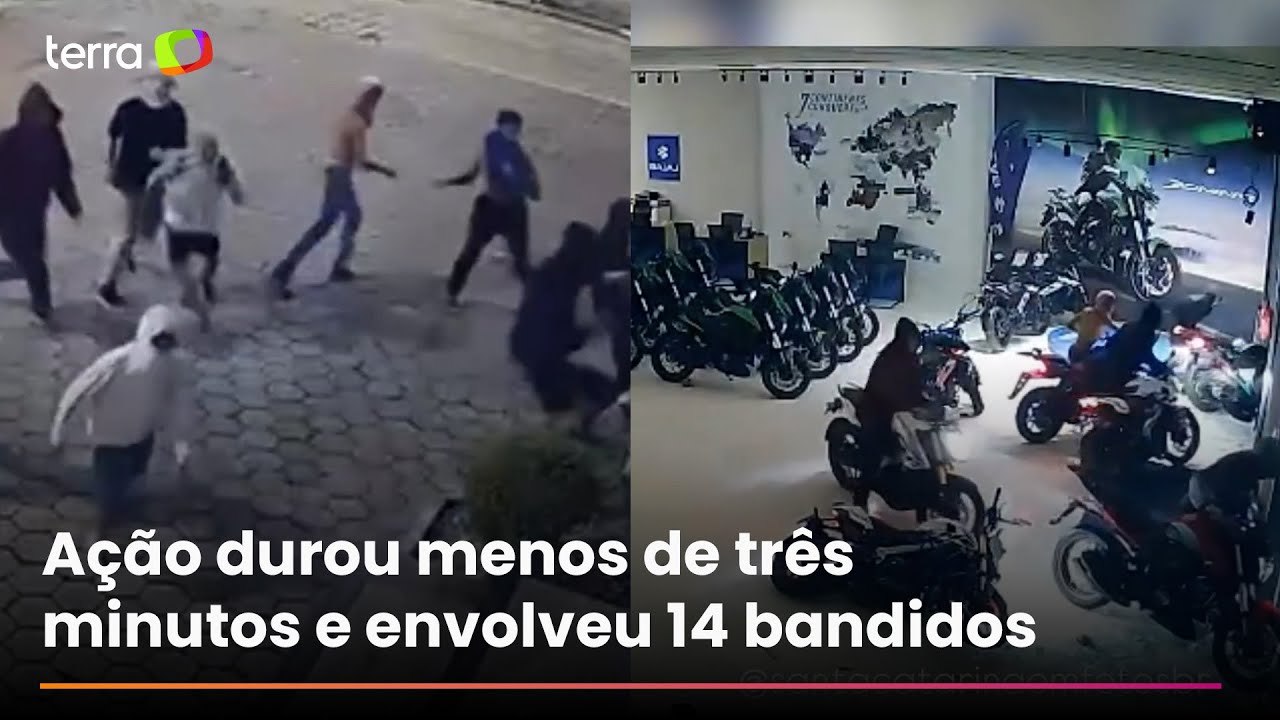 Vídeo mostra ladrões fugindo em comboio após invadir loja de motos em SC