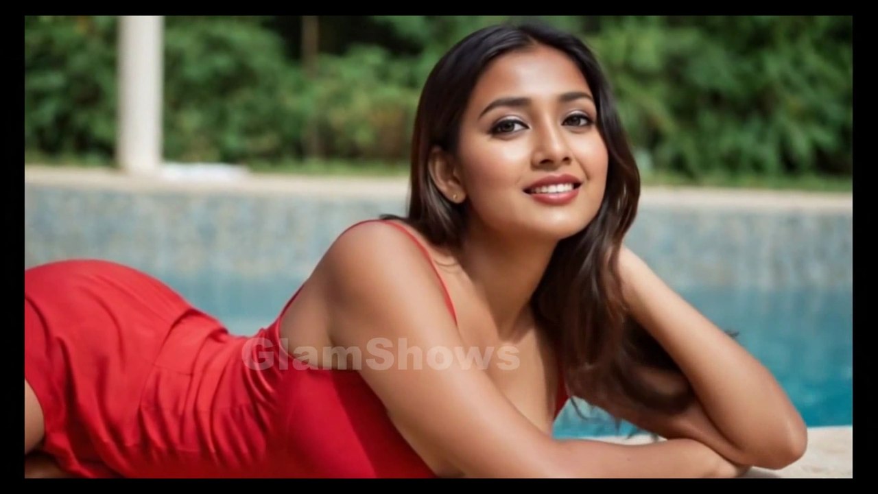 Beautiful Girl In Red Dress Enjoying In Pool - GlamShows