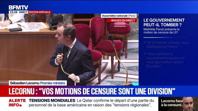 Guerre en Ukraine, Donald Trump, Iran... Vous agissez tels des tireurs couchés, en tirant dans le dos de l'exécutif , lance Sébastien Lecornu aux députés RN et LFI