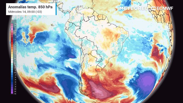 Pronóstico de Anomalías de temperatura a 850 hPa: Miércoles 14 de Enero