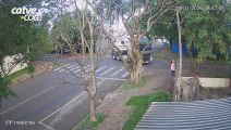 Veja momento que caminhão enrosca em árvore e galhos quase atingem pedestre em Cascavel