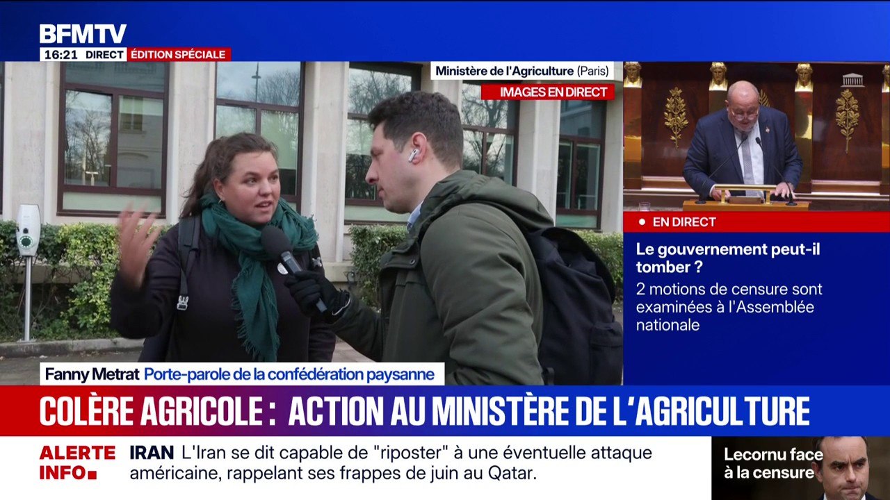 Fanny Metrat, porte-parole de la confédération paysanne explique les raisons de l'action du syndicat devant le ministère de l'Agriculture