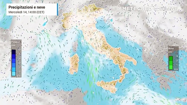 Mappa relativa alle precipitazioni previste nei prossimi giorni