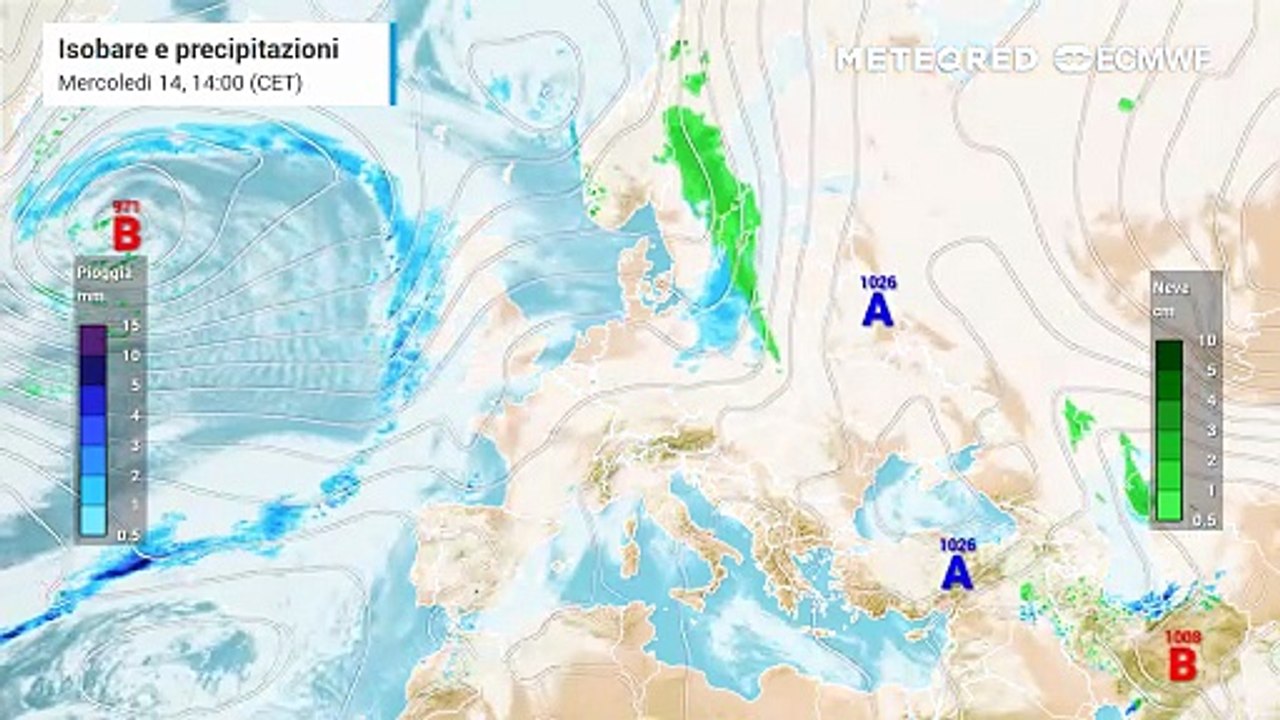 Nevicate in arrivo sull'area alpina delle regioni di Nord-Ovest, meno precipitazioni sulle Alpi Centrali, ancora scarse o assenti ad est.
