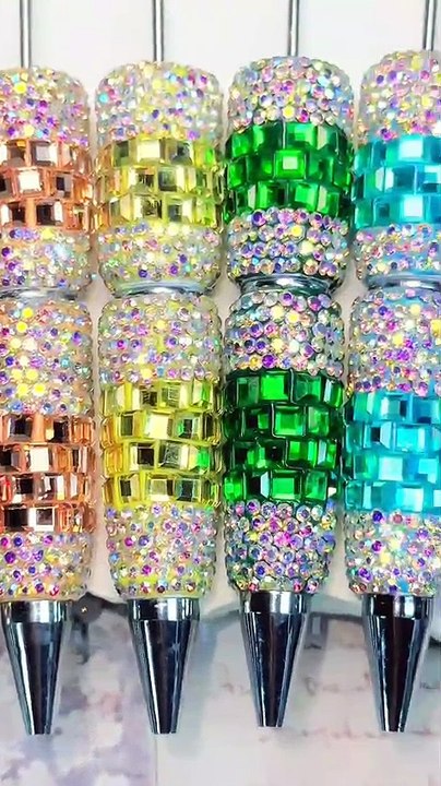 Beadable Clay Pens with Dazzling Square and AB Rhinestones Covered the Entire Pen, Multi-Color