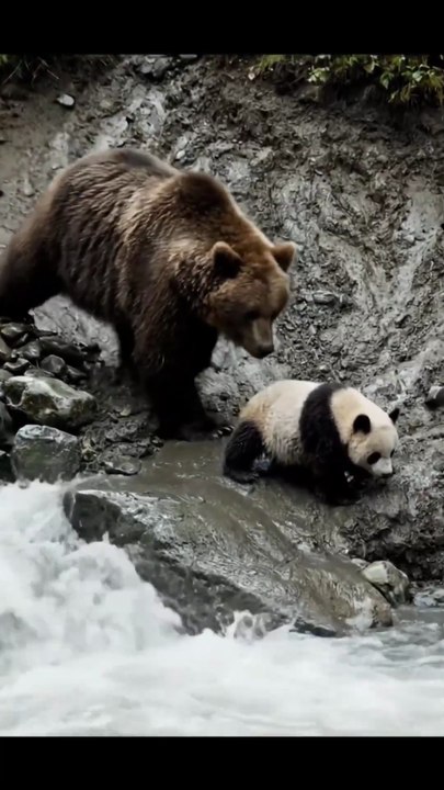 Grizzly Bear Saved The Baby Panda from sinking