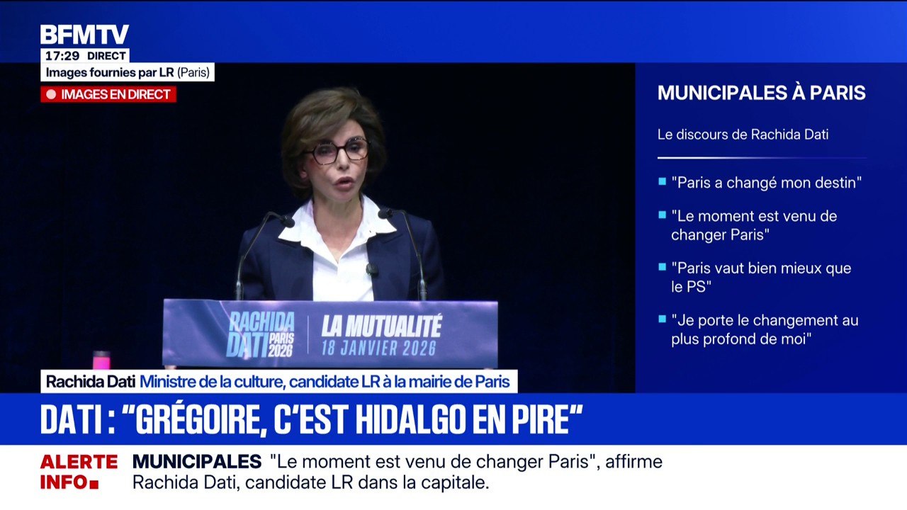 Élection municipale: "Emmanuel Grégoire, c'est Anne Hidalgo en pire", déclare Rachida Dati, ministre de la Culture et candidate LR à la mairie de Paris