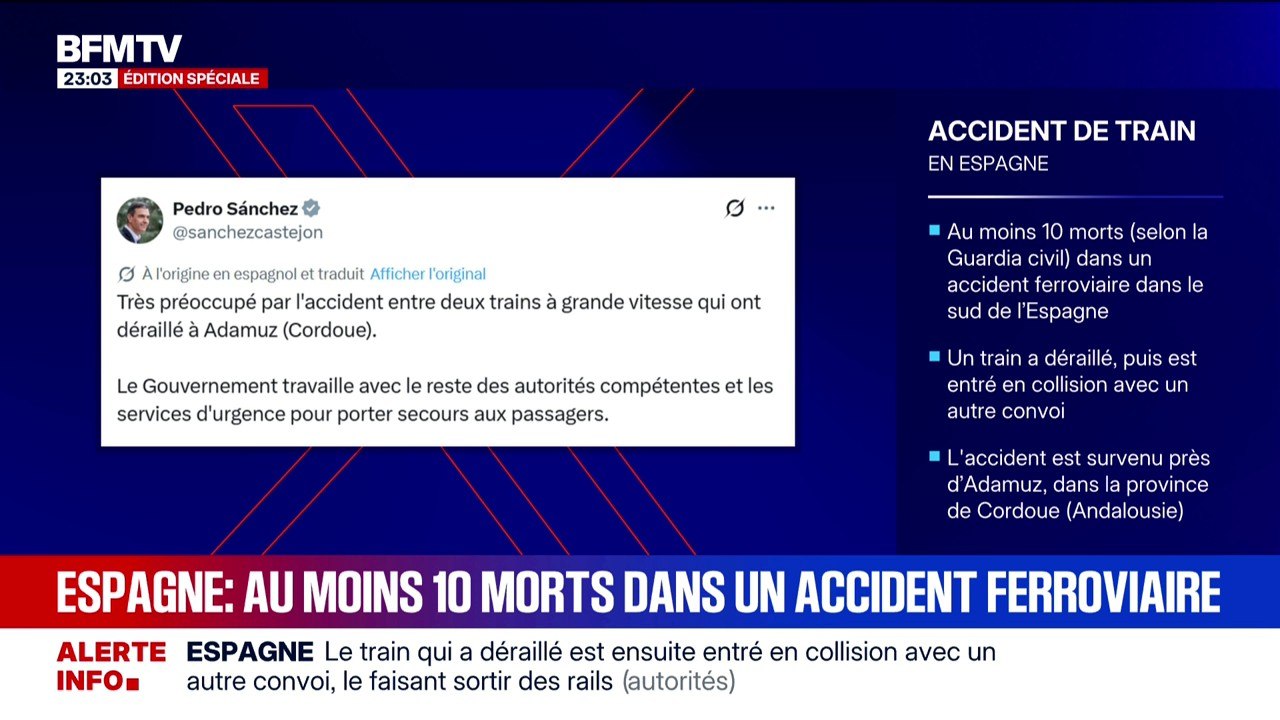 Accident de trains en Espagne: sur X, le Premier ministre espagnol Pedro Sánchez déclare être "très préoccupé"