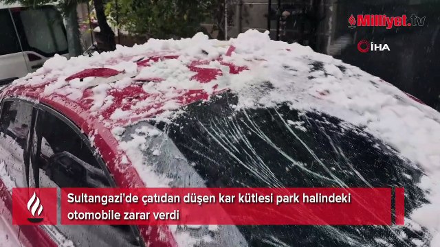 Çatıdan kopan kar kütlesi otomobili ezdi: Büyük hasar kamerada
