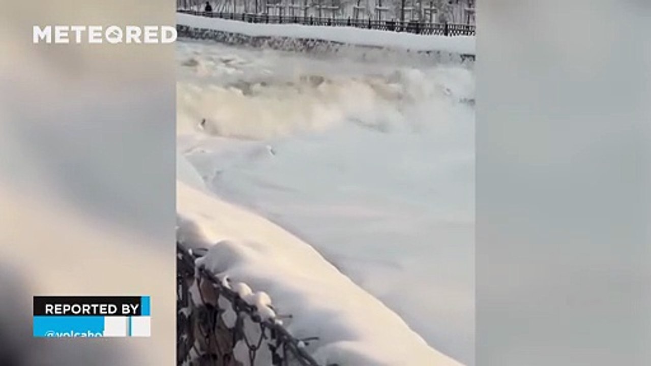 Flash flood after an ice dam collapses on the Esentai River, Kazakhstan
