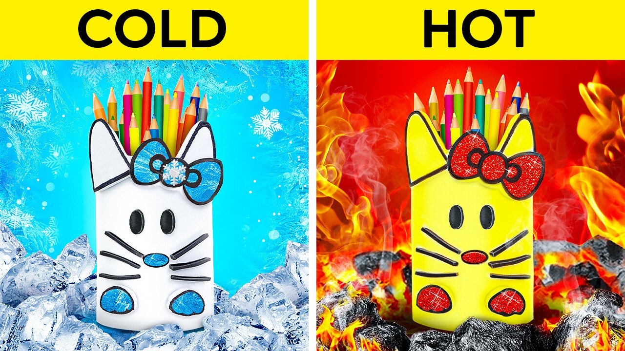 HOT VS COLD STUDENT || Fire Girl & Ice Lady Makes Coolest School Hacks *Crafts by 123GO! CHALLENGE