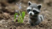 A tiny raccoon holding a sparkling seed