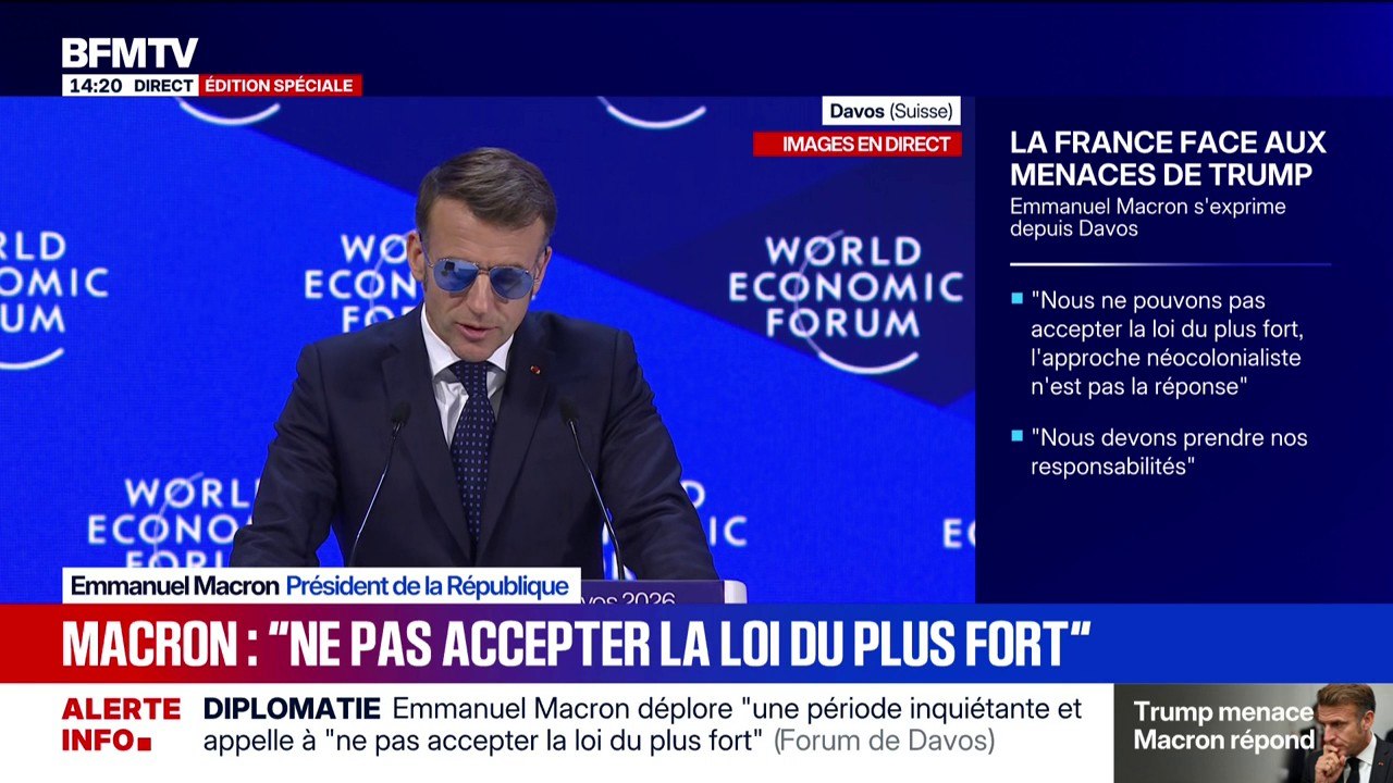 "Dans cette période de paix et d'instabilité", ironise Emmanuel Macron au début de son discours devant le Forum économique de Davos, et dénonce un "monde sans loi"