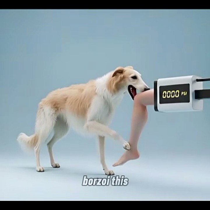 Borzoi. This elegant sighthound is built for speed, not power. Its bite force is estimated at around 200–250 PSI. That is enough to injure prey, but not strong enough to break large bones.