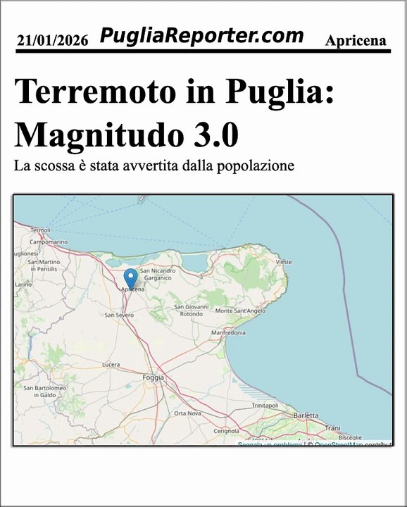 Terremoto in Puglia mercoledì 21 gennaio 2026: magnitudo ed epicentro