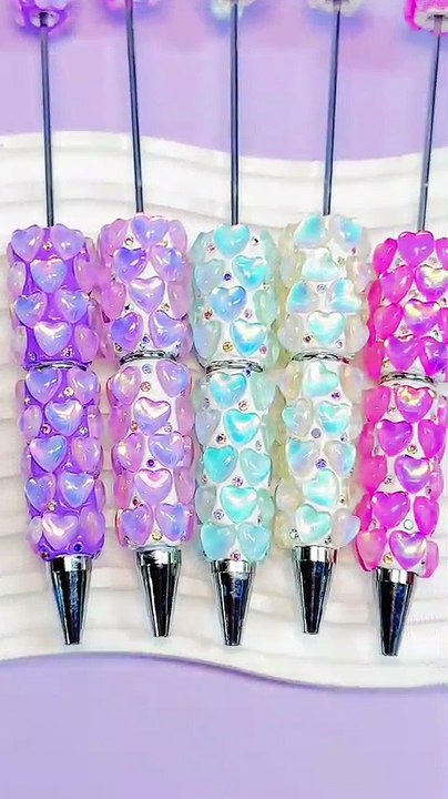 Beadable Clay Pens with Glossy Hearts in Macaron Color AB Rhinestones Valentine's Day Theme,