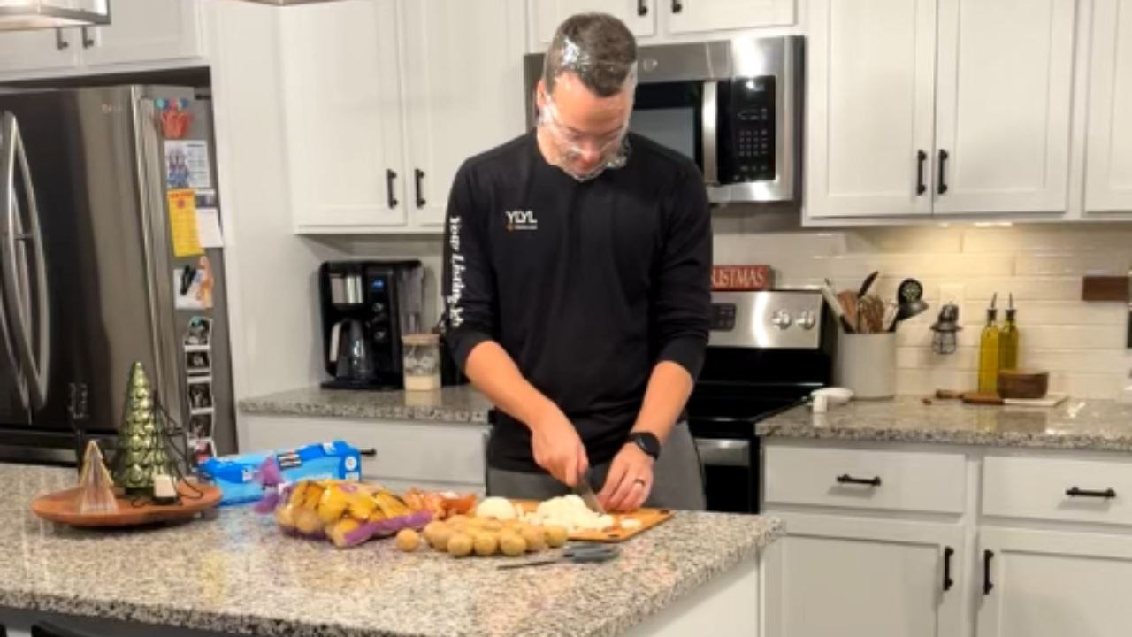 Man demonstrates a funny but effective onion-chopping hack