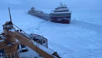 US Coast Guard icebreaker frees ship caught in thick ice on Lake Huron